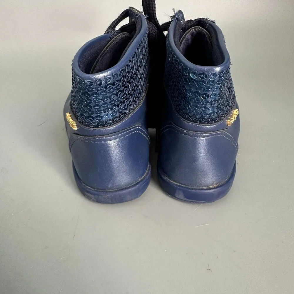Pablosky Girls Metallic Navy‎ Blue Sequin Lace Up Ankle Boots Butterfly Charms